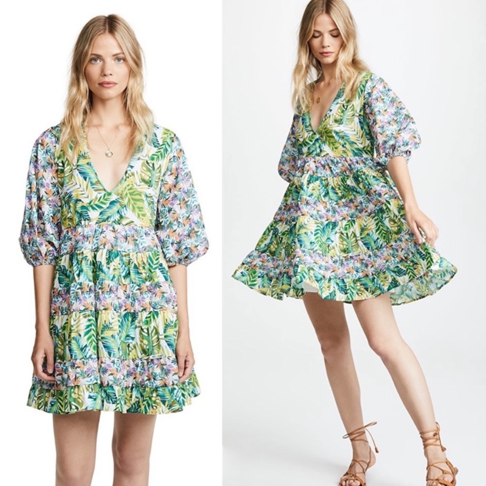 All Things Mochi Liona Mini Dress Tropical Floral Fit‎ Flare Green Sz S NWT!